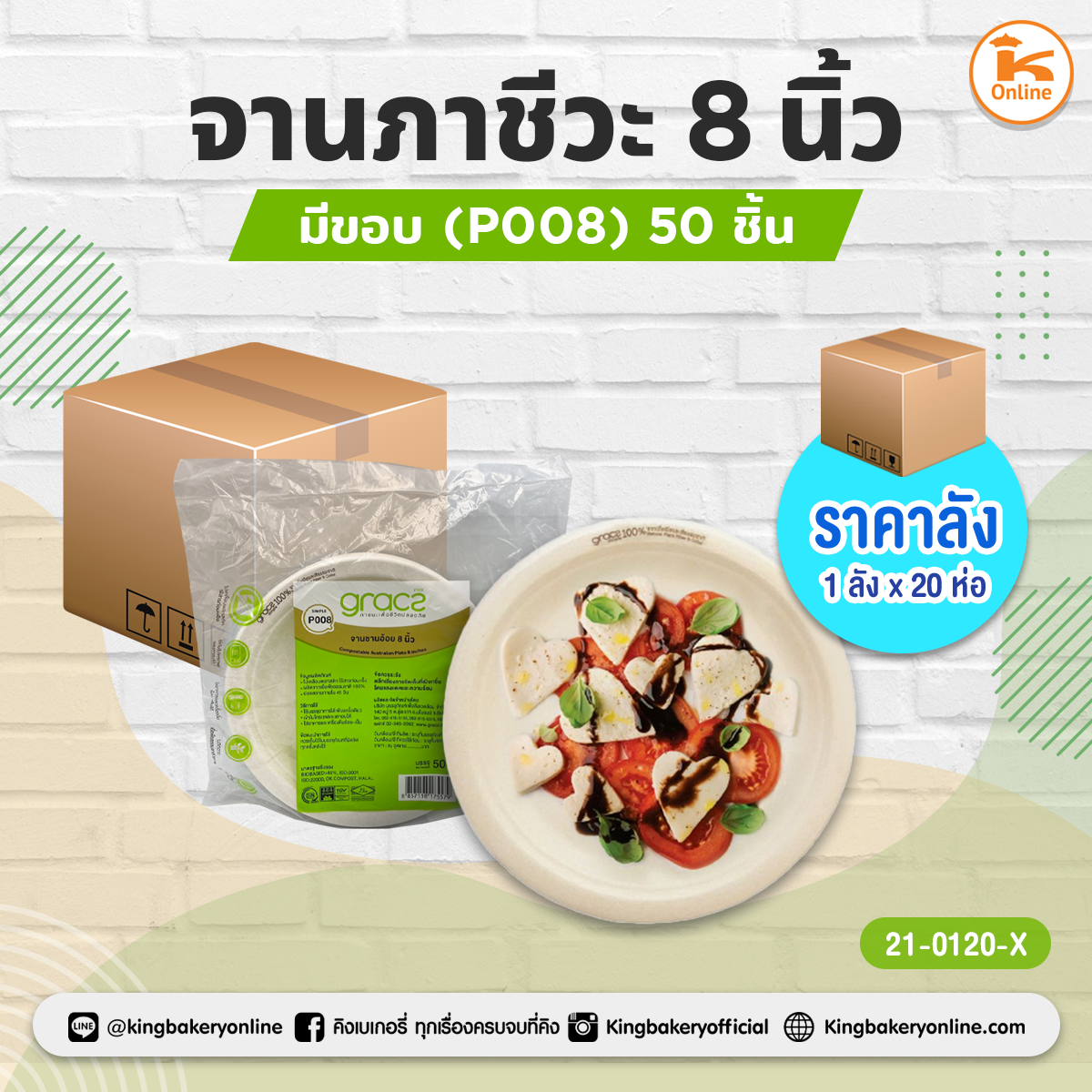 จานภาชีวะ 8 นิ้ว มีขอบ (P008) 50ชิ้น (1ลังx20ห่อ)